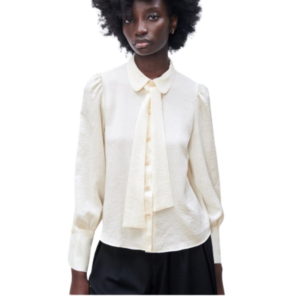 Zara Off White Neck Tie Pearl Button Blouse